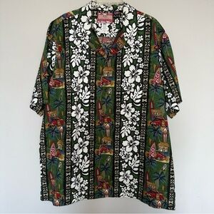 RJC Hawaiian Camp Shirt Green w/Woody Cars Surf Boards White hibiscus flowers 2X